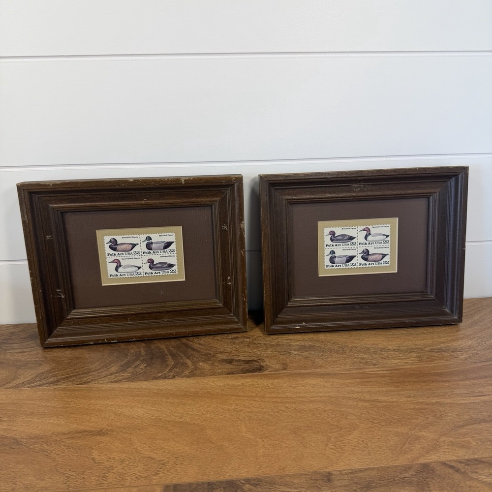 Framed VTG 1985 Folk Art USA 22¢ Duck Decoy Stamps Block of 4 Rustic Decor Set